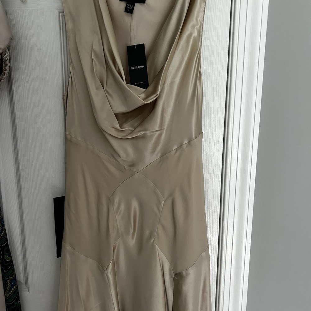 Bebe Satin Cowl Neck Mini Dress in Cream